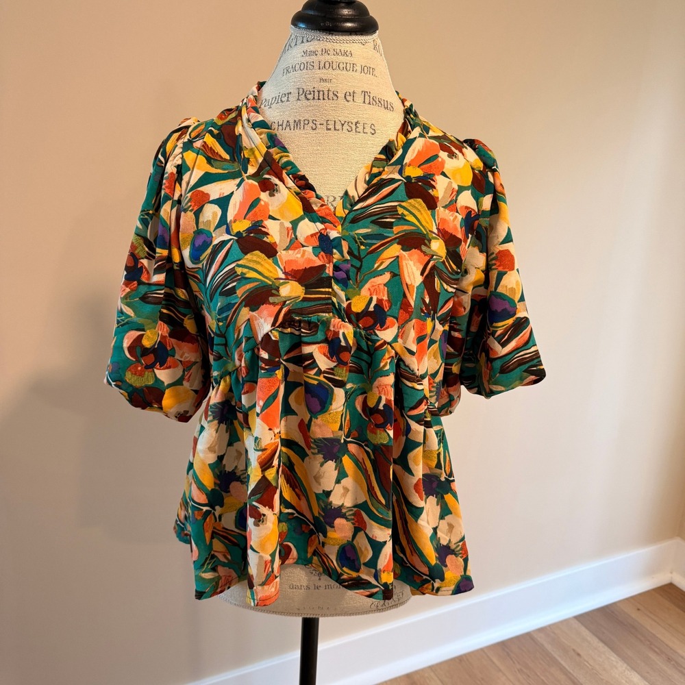 Haptics Women's Frill Floral Puff Sleeve Peplum‎ Blouse Size M